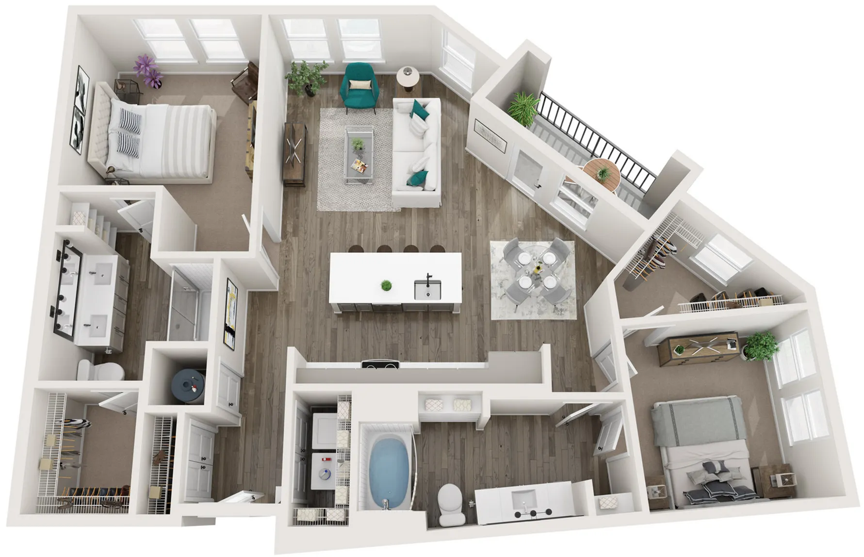 Modern floor plan showcasing two cozy bedrooms, a stylish open living area, a sleek kitchen with island, and a charming balcony.