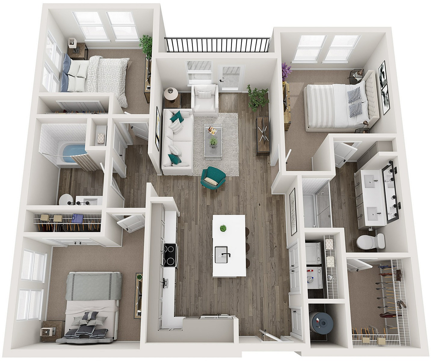 Modern 3D floor plan showcasing 2 spacious bedrooms, sleek kitchen with island, and airy living area with balcony access.