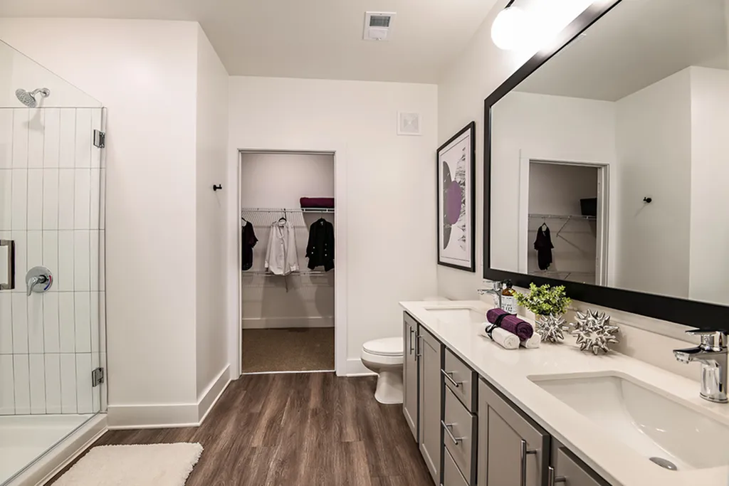 Elegant modern bathroom with dual vanity, stylish decor, and spacious walk-in closet.