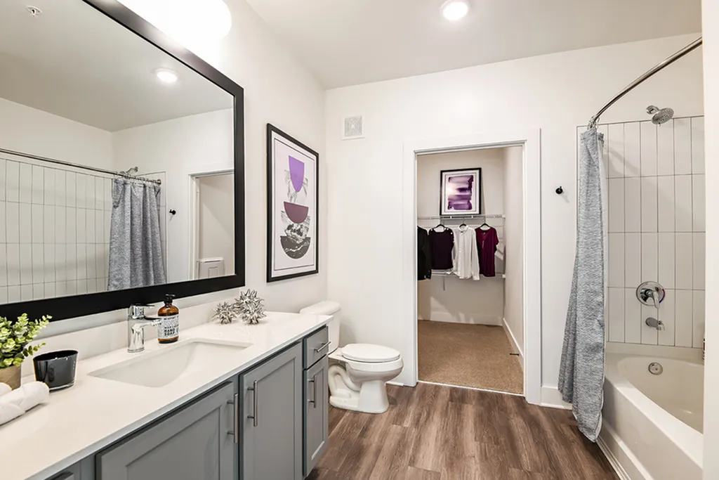 Contemporary bathroom with sleek countertops, large mirror, and a walk-in closet with vibrant decor.