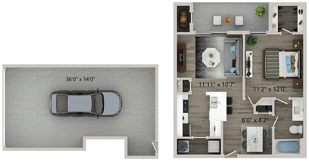 One bedroom floor plan with garage