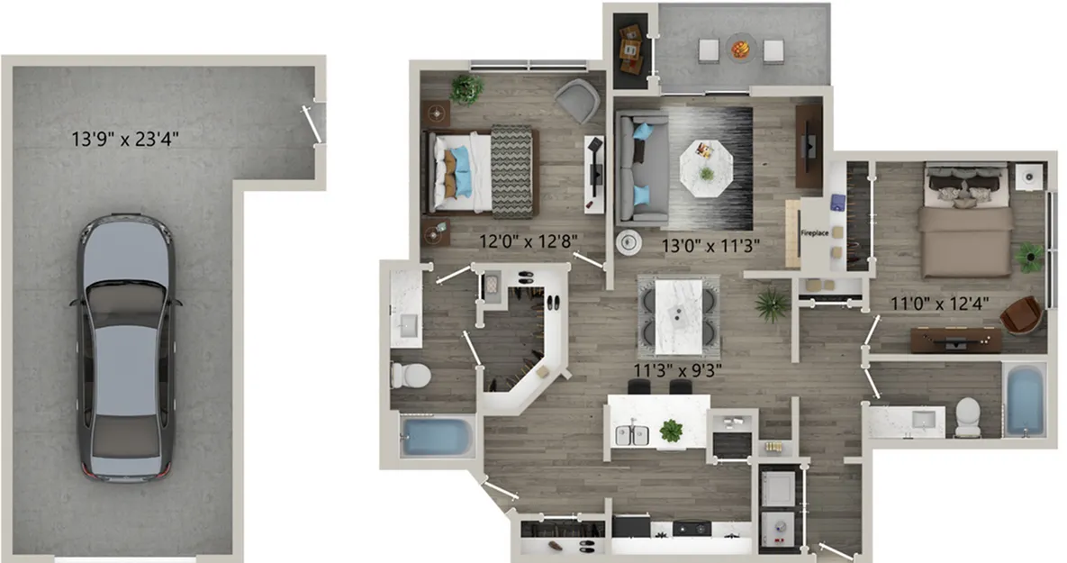 Two Bedroom Two Bath Floor Plan with Garage