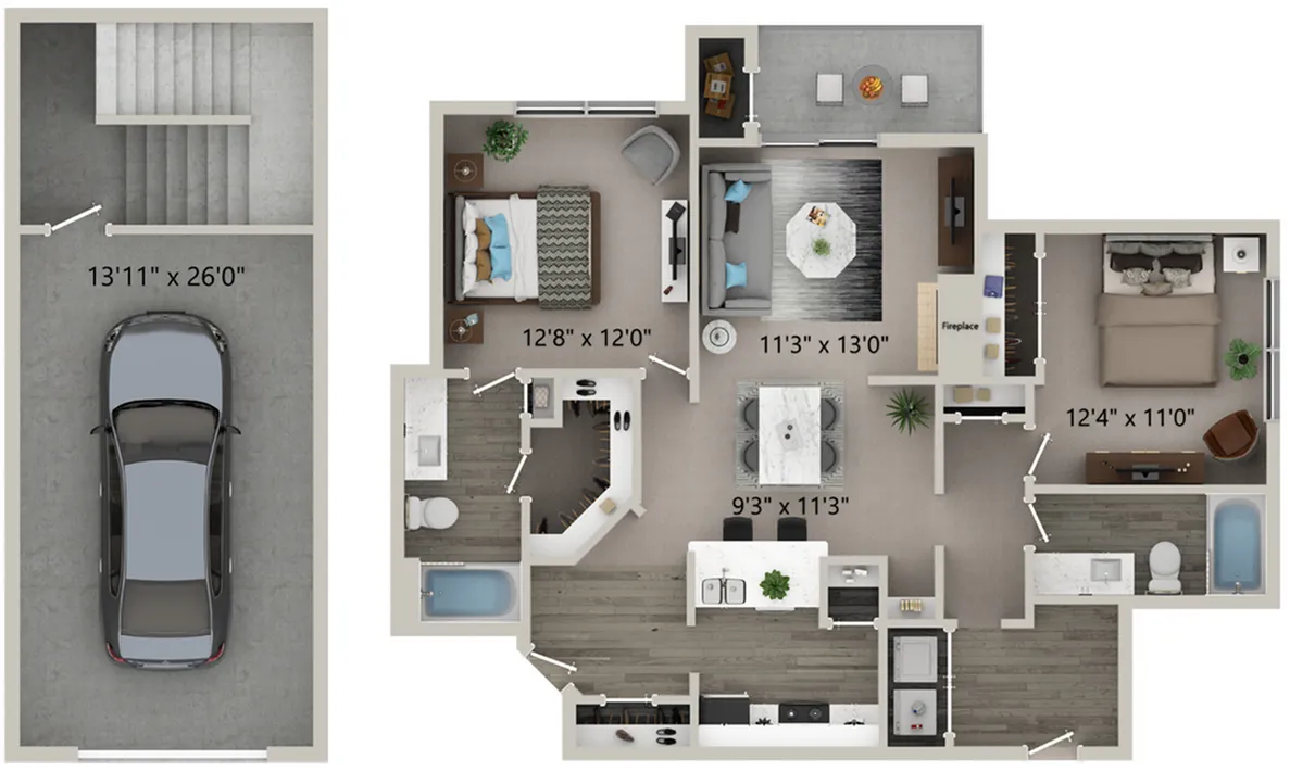 Two Bedroom Two Bath Floor Plan with Garage