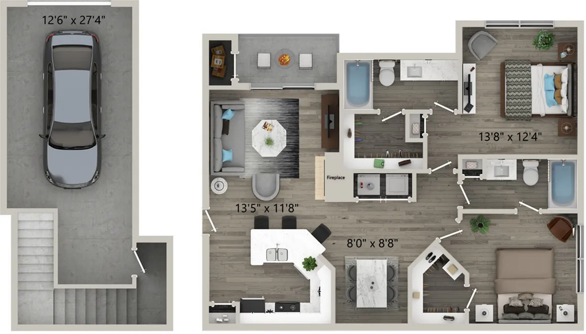Two Bedroom Two Bath Floor Plan with Garage