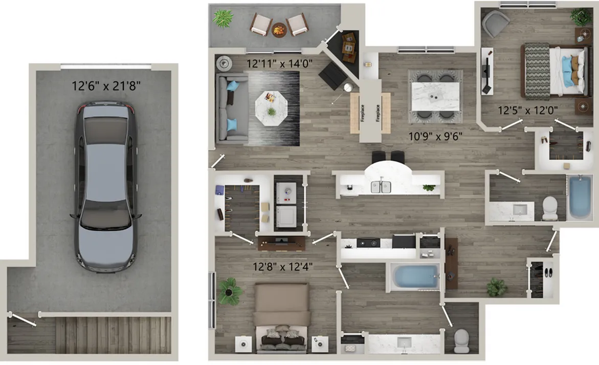Two Bedroom Two Bath Floor Plan with Garage