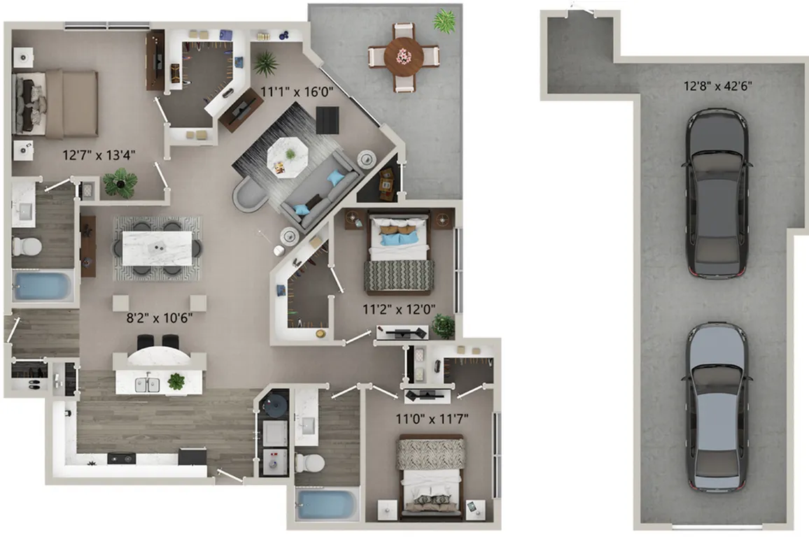 Three Bedroom Two Bath Floor Plan with Garage