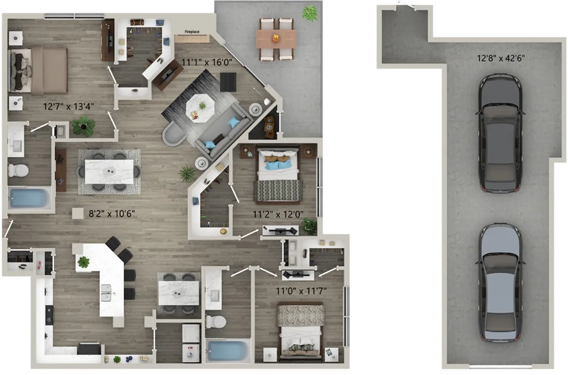 Three Bedroom Two Bath Floor Plan with Garage