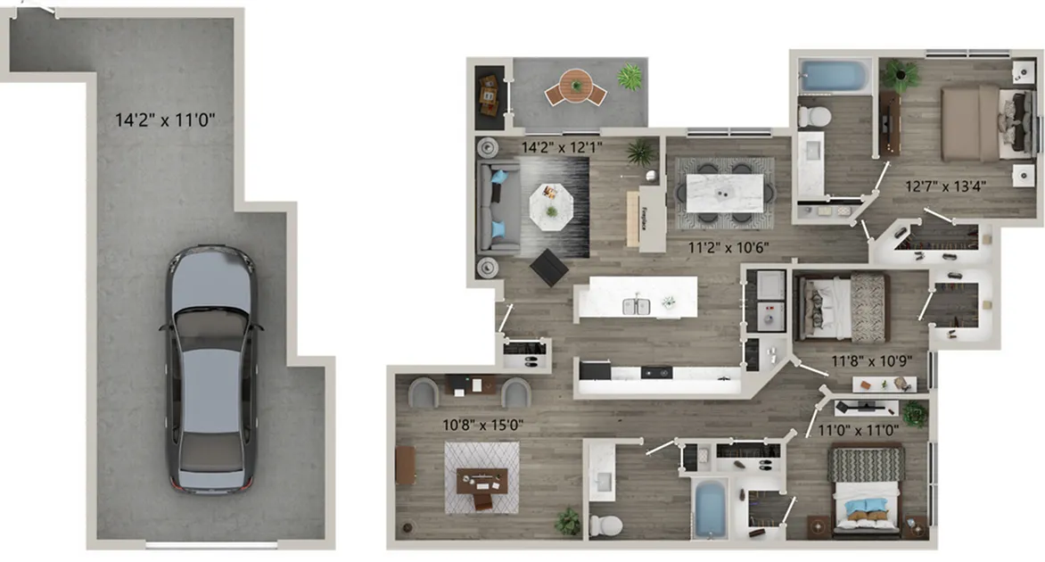 Three Bedroom Two Bath Floor Plan with Garage