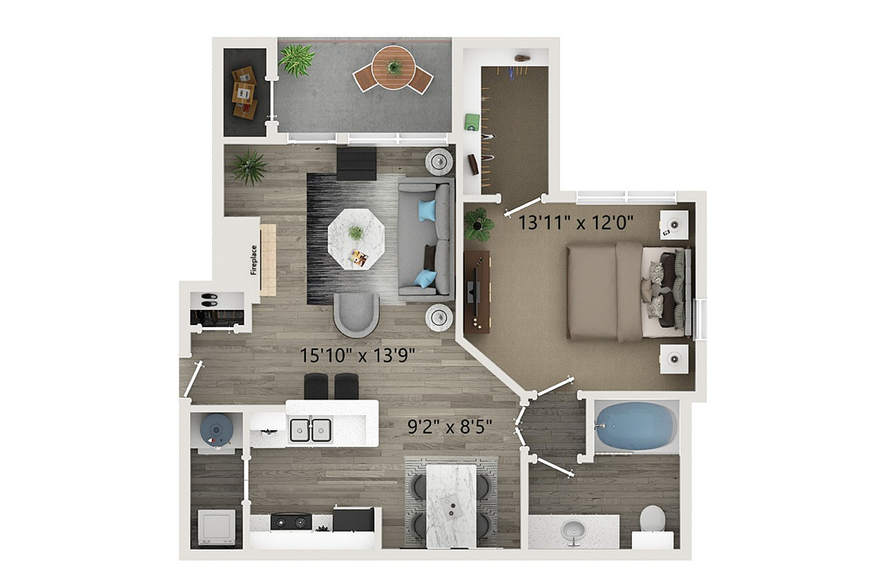 Modern 1-bedroom apartment floor plan featuring an open living area with fireplace, a cozy bedroom, and a private balcony.