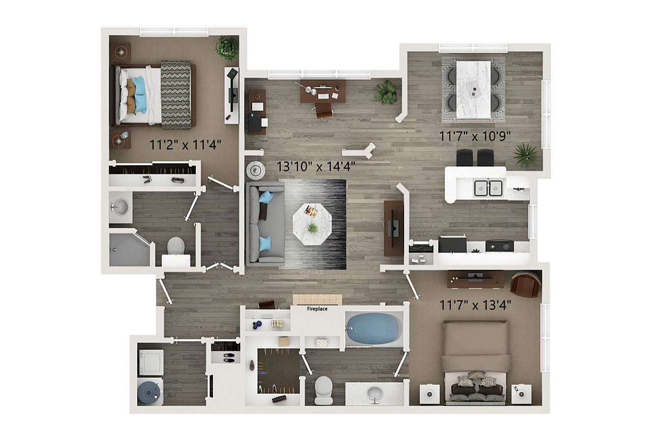 Modern 2D floor plan showcasing 2 bedrooms, spacious living area with fireplace, sleek kitchen, and dining area, designed for stylish living.