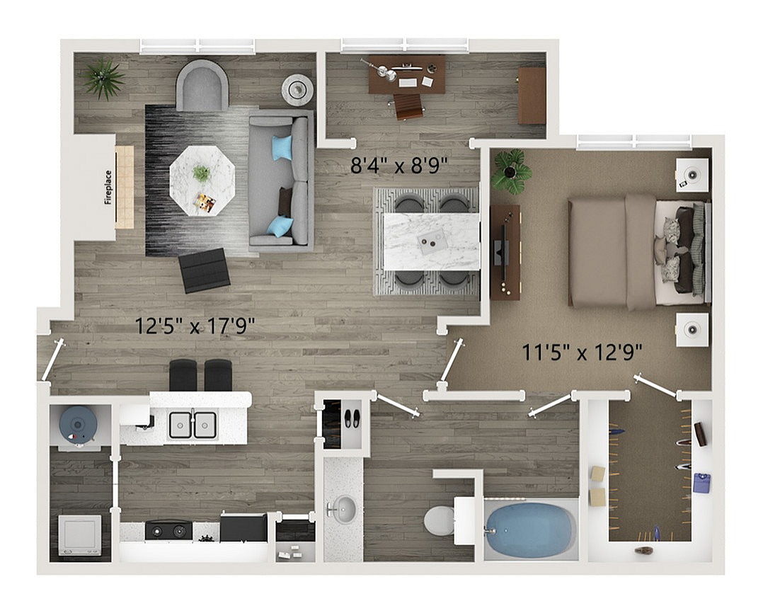 Modern 2D floor plan featuring a spacious living area with fireplace, elegant bedroom, open-concept kitchen, and a stylish bathroom.
