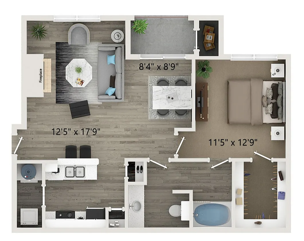 Contemporary 2D floor plan showcasing a spacious one-bedroom apartment with stylish living area, modern kitchen, cozy dining space, and elegant bathroom.