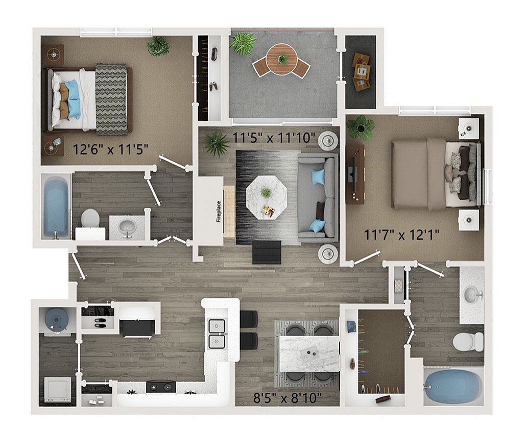 Chic floor plan showcasing a spacious two-bedroom layout with a cozy living area, stylish kitchen, and private balcony, perfect for modern living.
