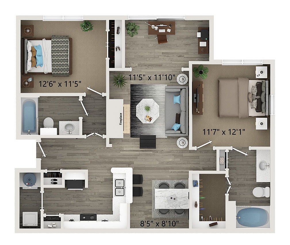 Modern 3D floor plan showcasing 2 spacious bedrooms, a cozy living room with a fireplace, and a stylish kitchen with an open dining area.
