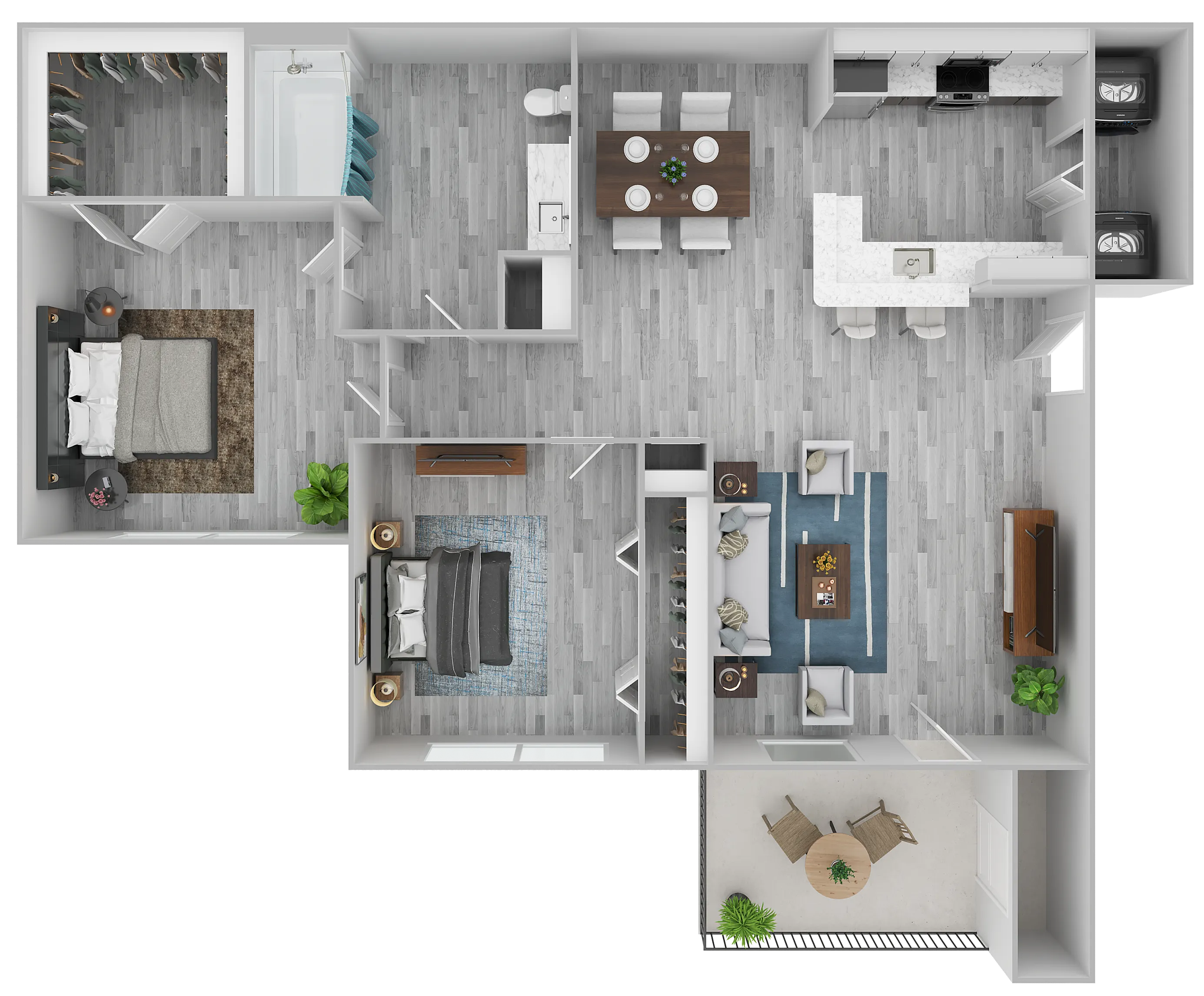 Contemporary open-concept floor plan featuring 2 bedrooms, a stylish kitchen with island seating, dining area, comfortable living room, and a private balcony.