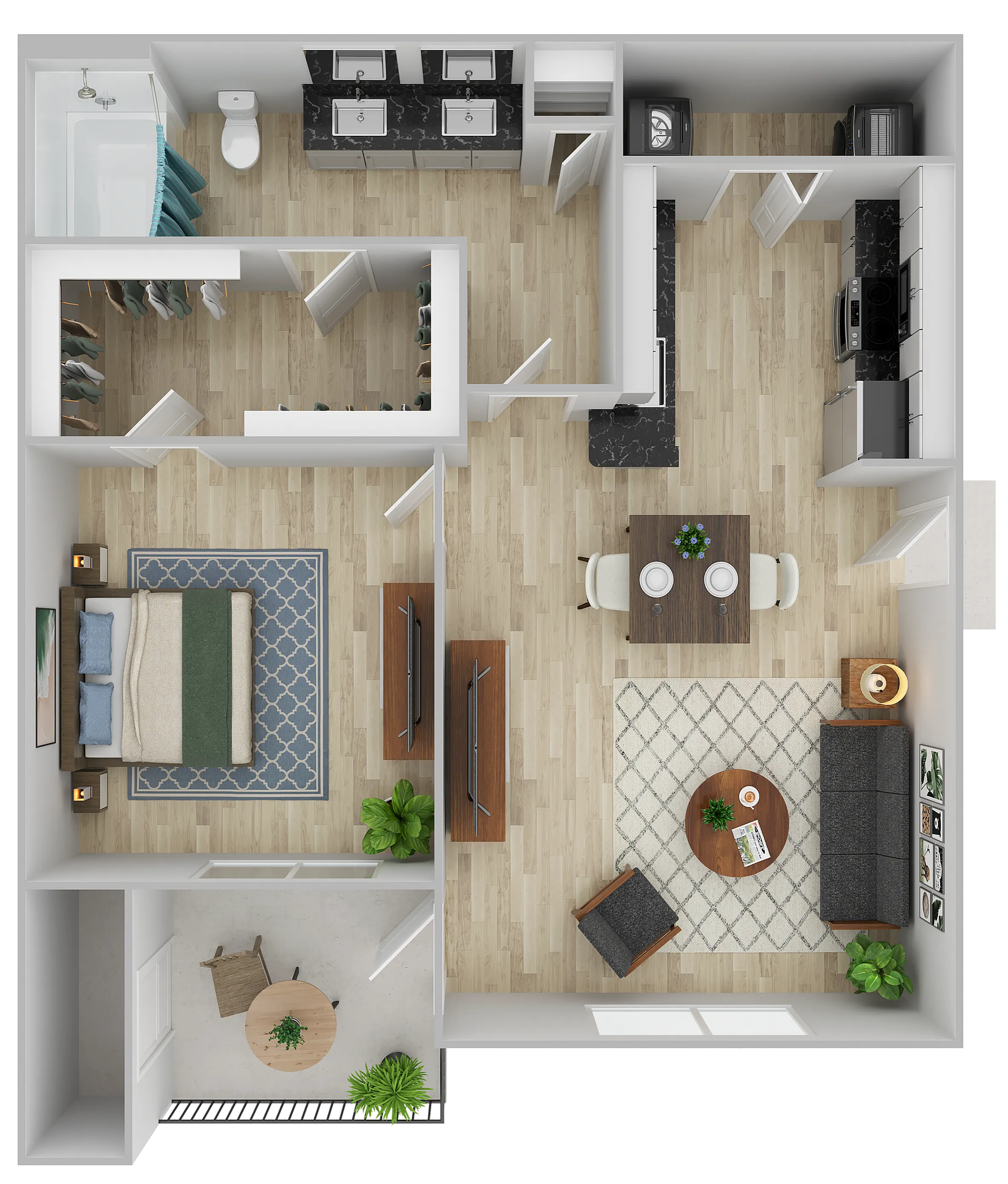 Chic 1-bedroom apartment floor plan featuring an open-concept living area, modern kitchen, and cozy balcony retreat.