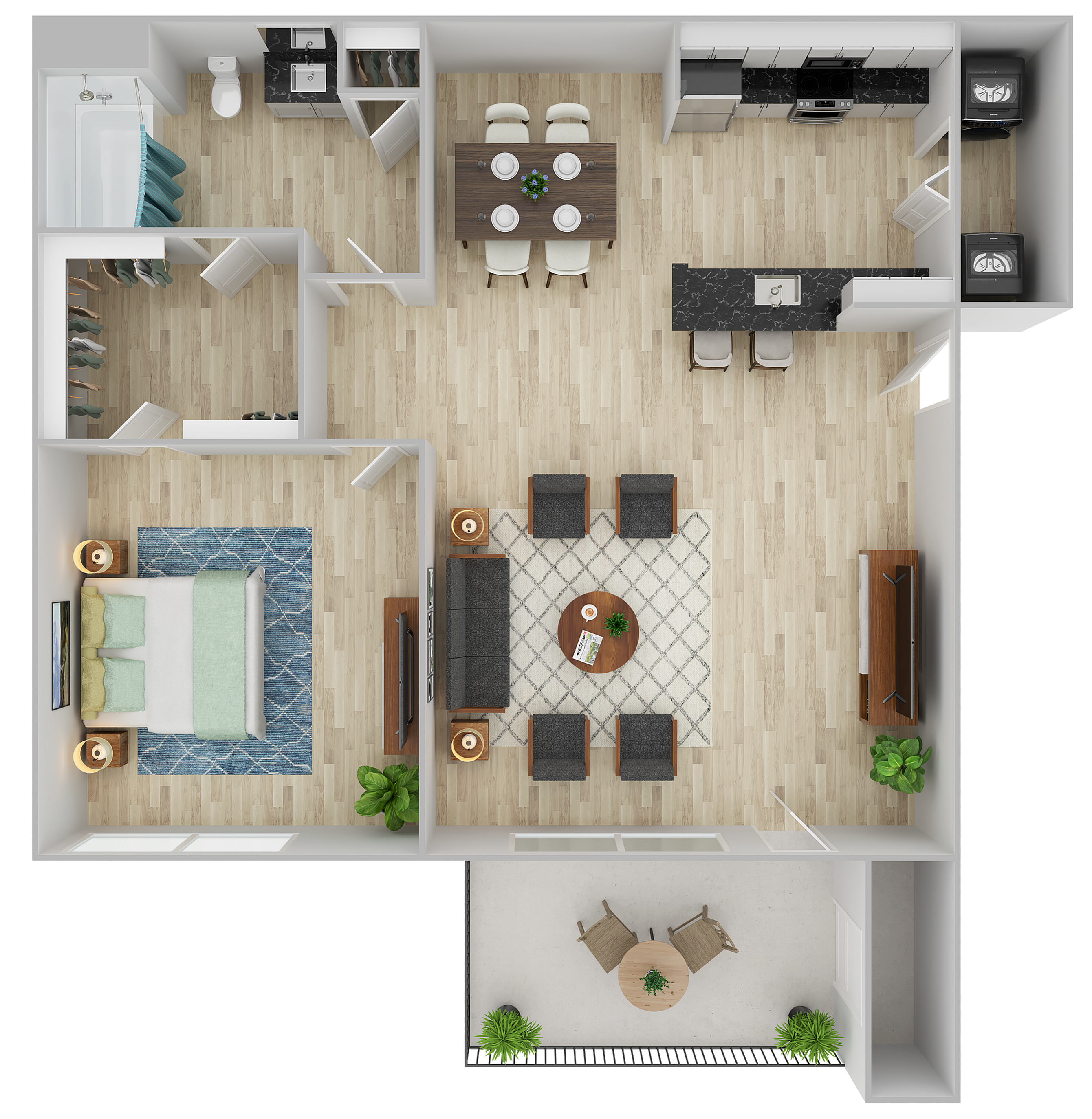 Modern 3D floor plan featuring a spacious one-bedroom layout with an open-concept living and dining area, stylish kitchen with breakfast bar, and cozy outdoor patio.