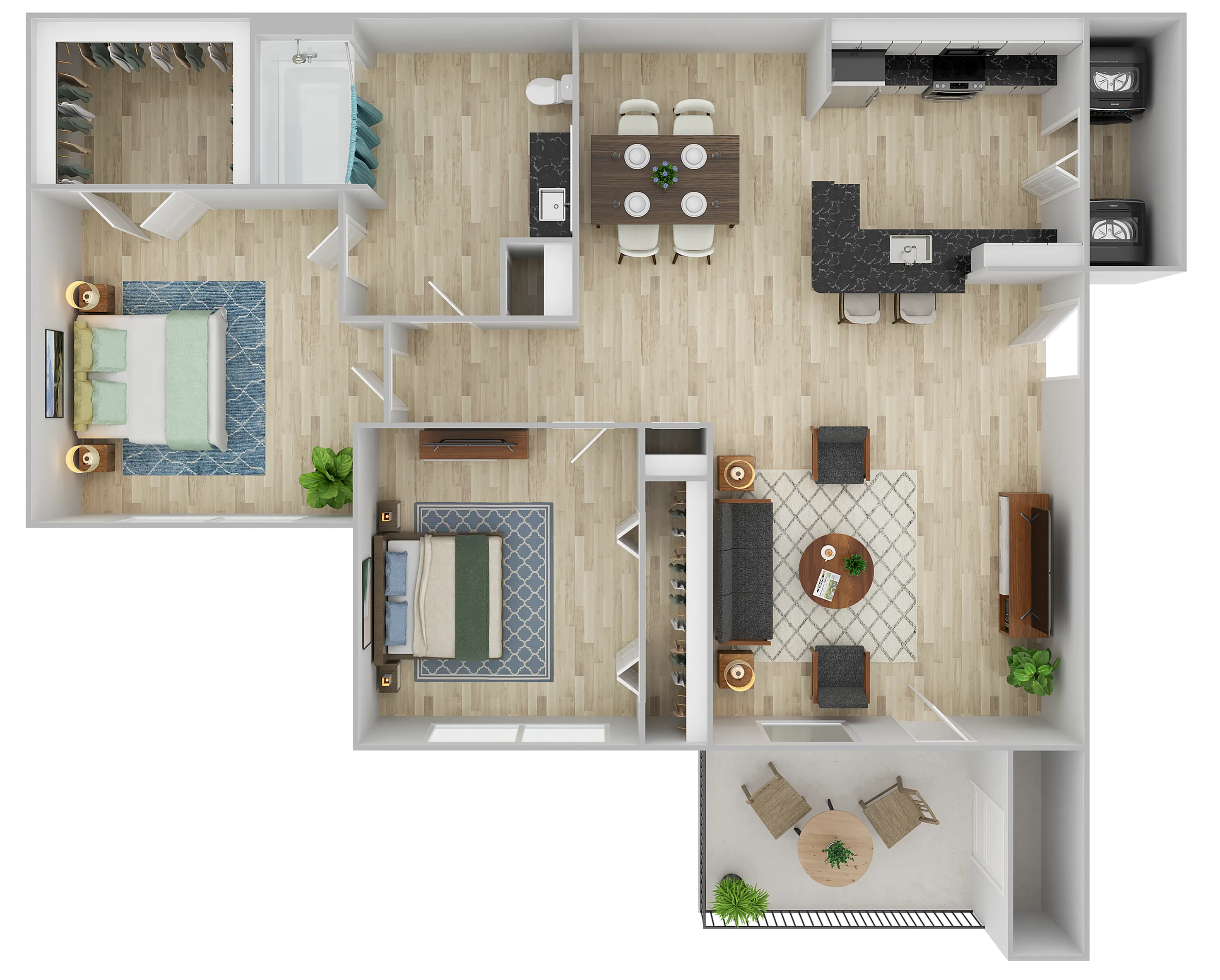 Modern 3D floor plan showcasing 2 spacious bedrooms, a sleek kitchen with breakfast bar, and an inviting open-concept living and dining area, complemented by a cozy balcony.