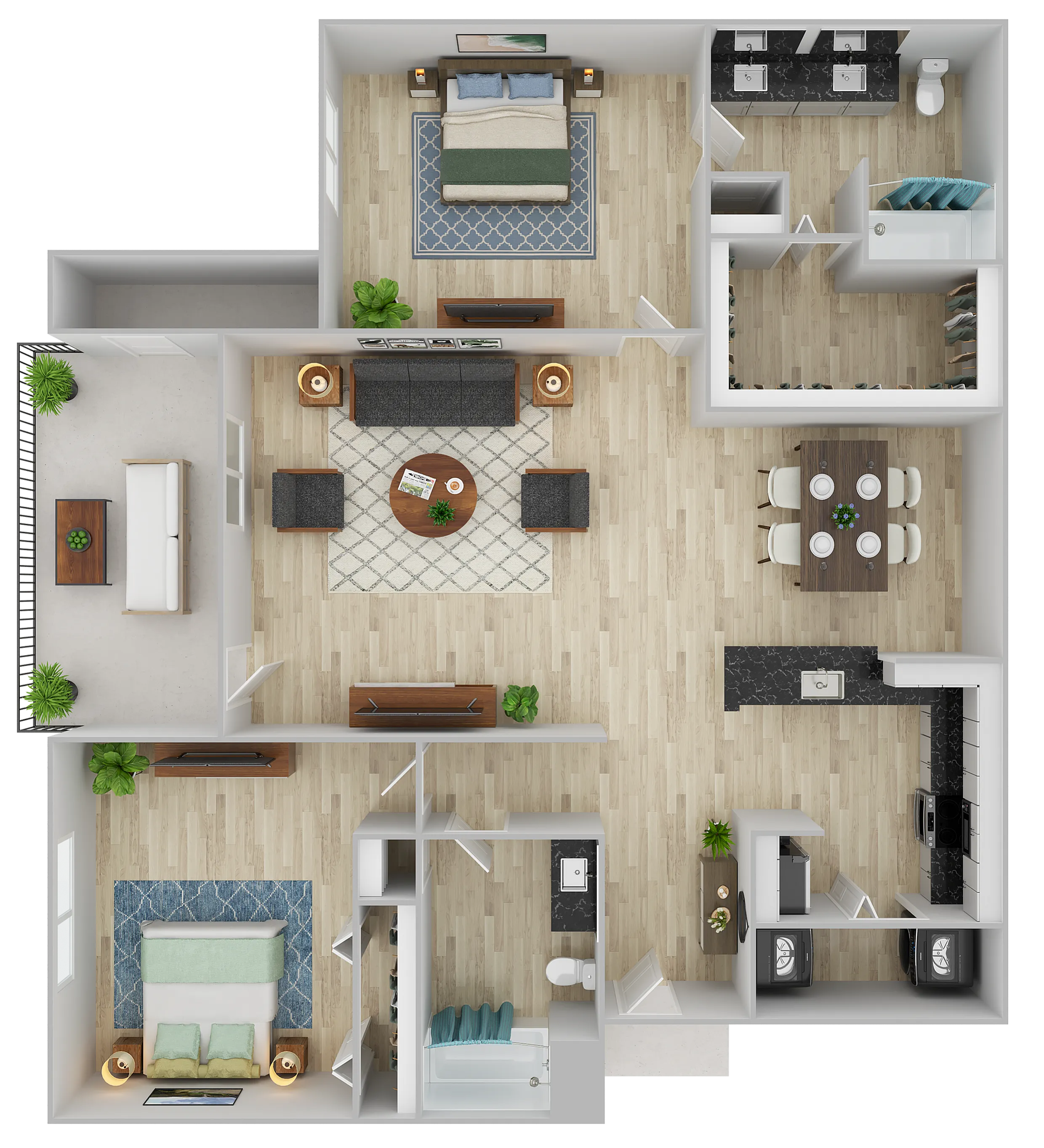 Modern 3D floor plan showcasing two cozy bedrooms, an elegant open-concept living room, spacious kitchen, and a sleek dining area with hardwood flooring.