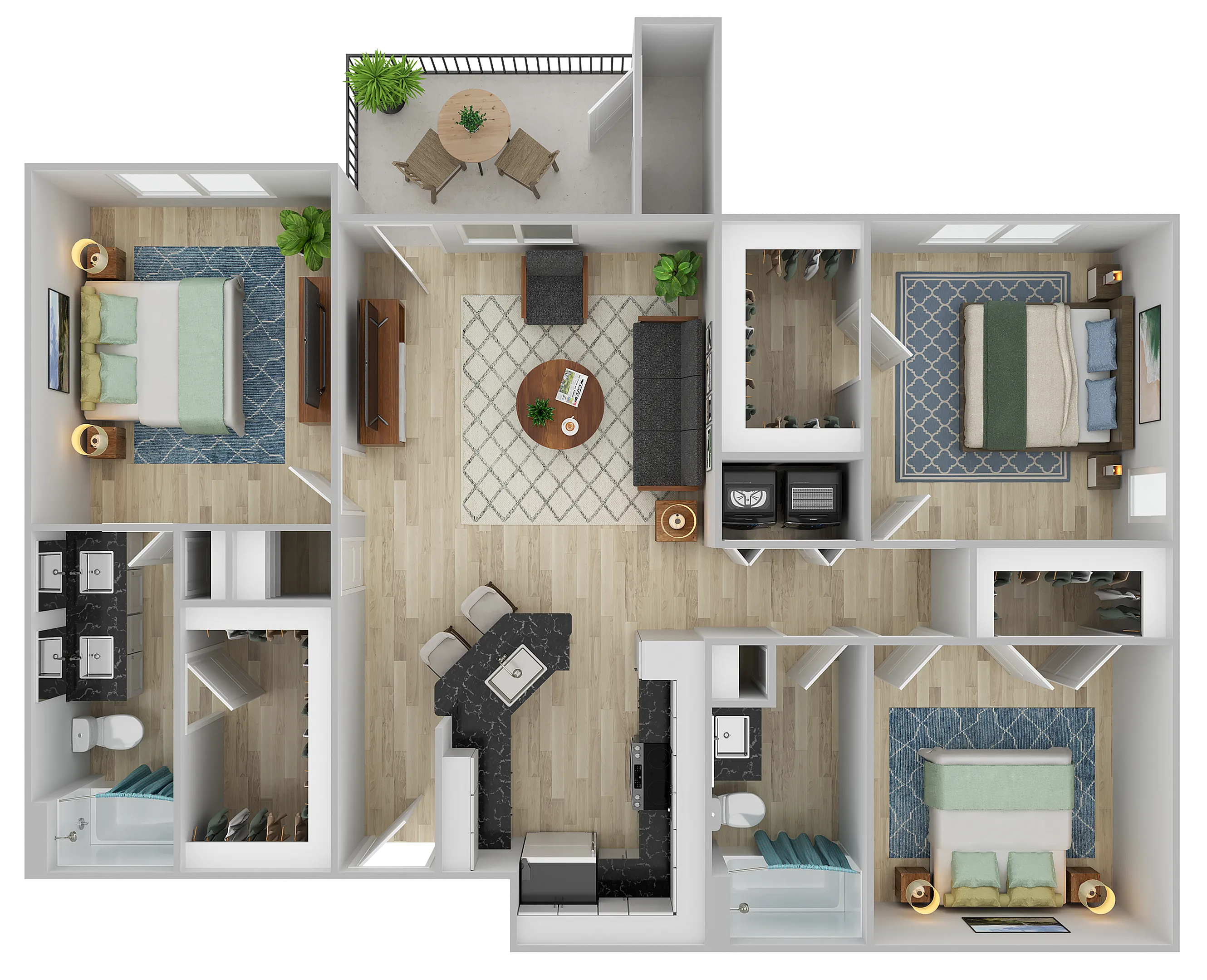 Modern apartment floor plan featuring three spacious bedrooms, a sleek kitchen with an island, cozy living area, two elegant bathrooms, and a private balcony for relaxation.