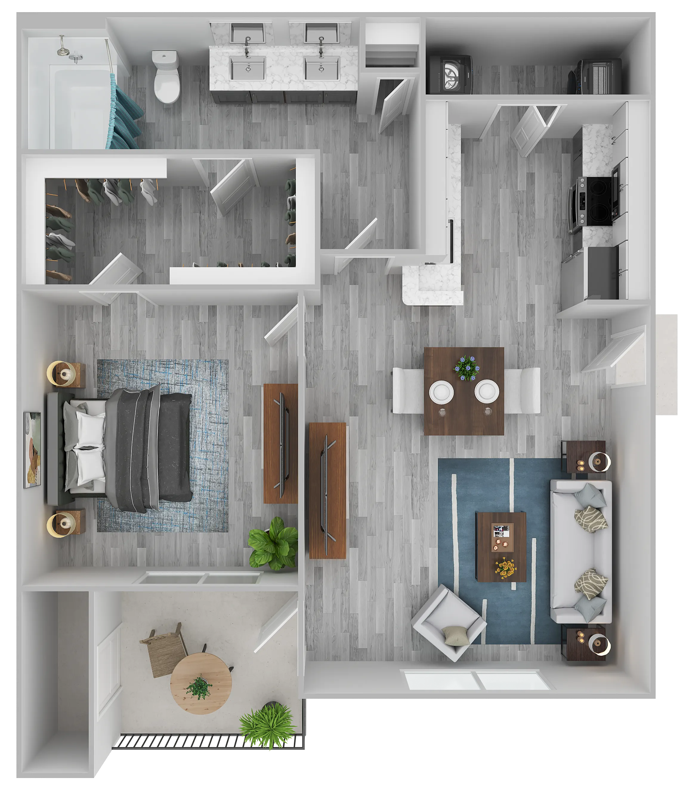 Modern floor plan featuring one bedroom with ensuite, spacious walk-in closet, open-concept living and dining area, sleek kitchen, and stylish bathroom, ideal for contemporary living.