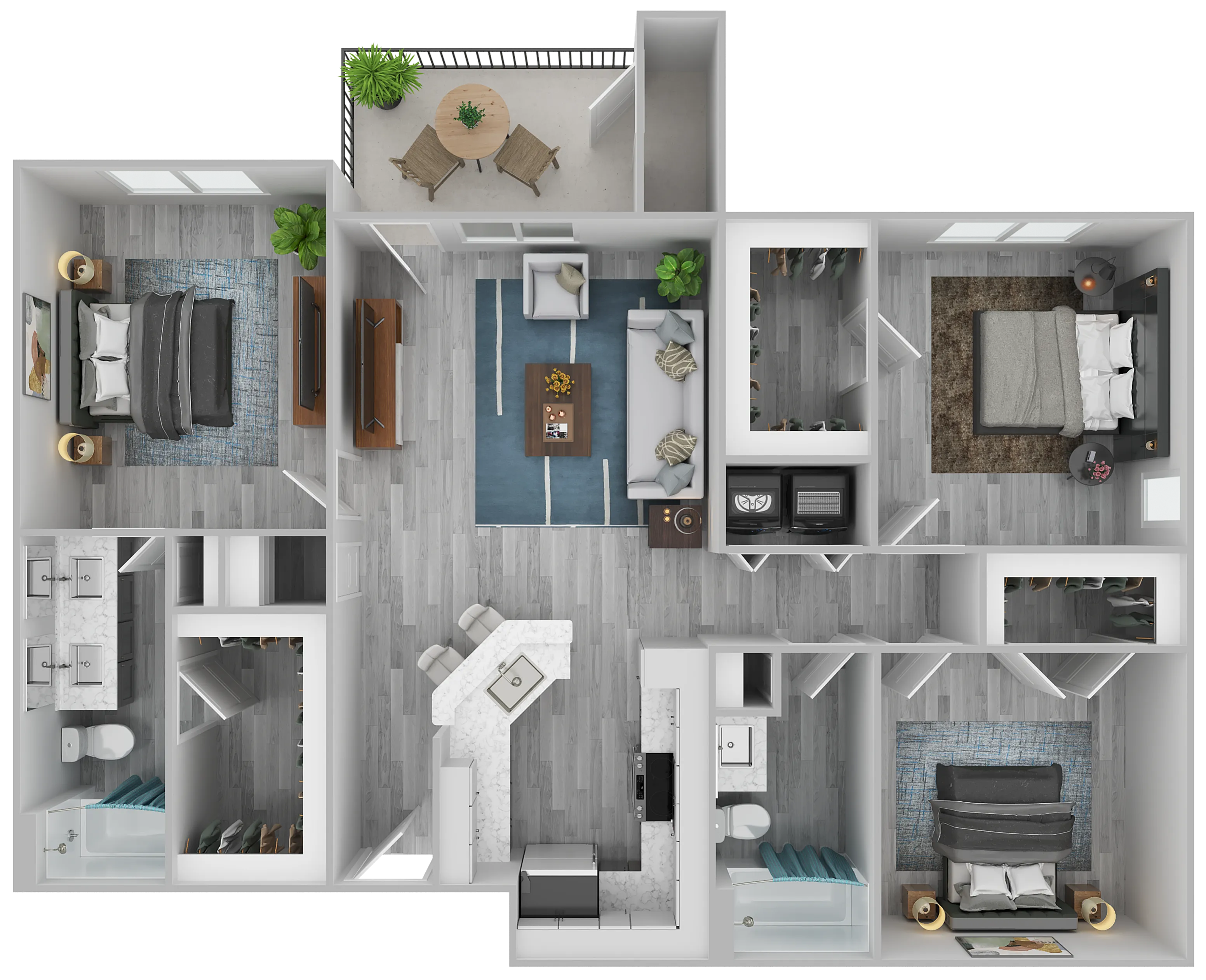 Contemporary 3D floor plan showcasing 3 bedrooms, elegant open living space, modern kitchen with island, and private balcony with seating.