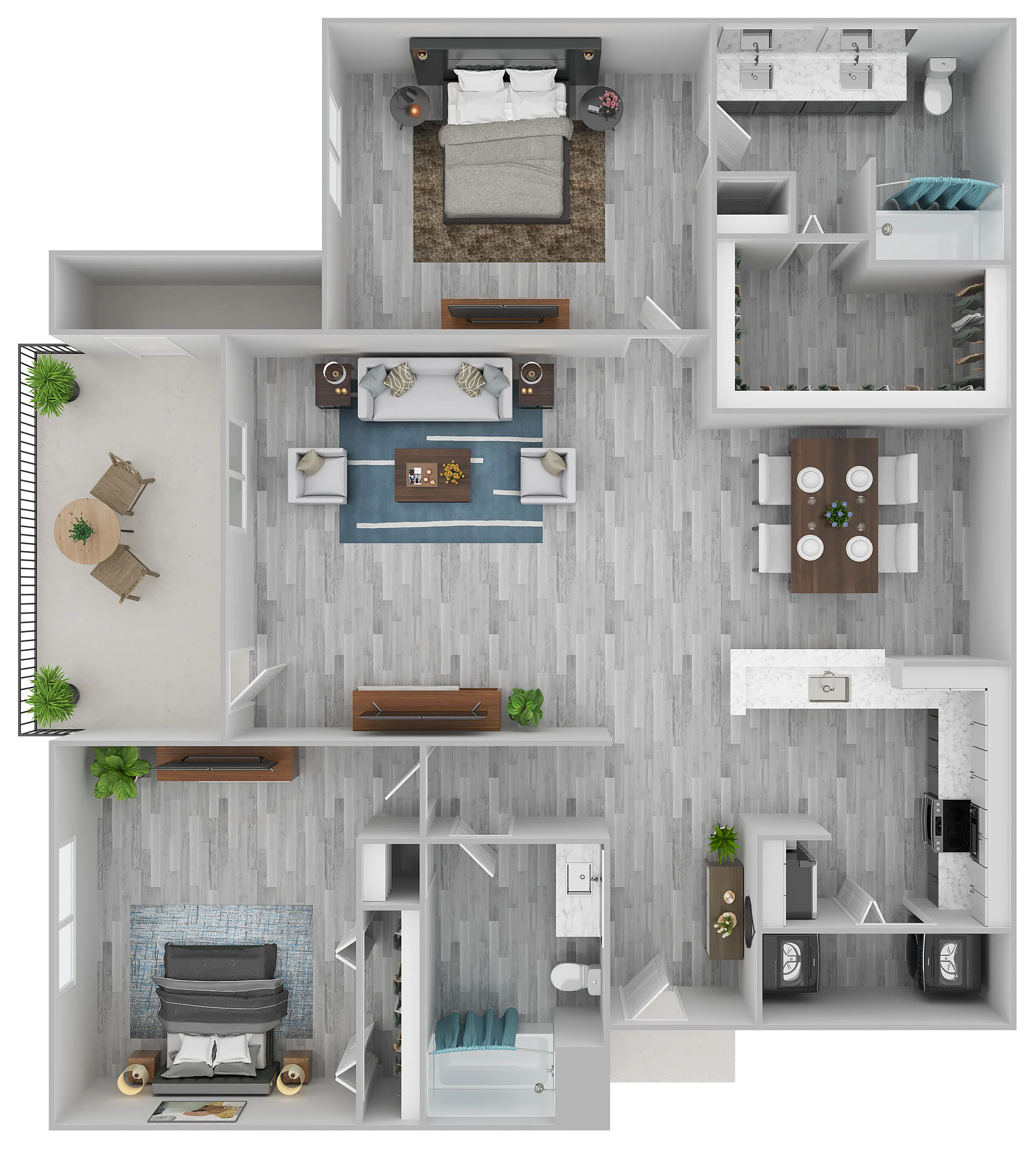 Modern 3D floor plan showcasing a spacious apartment with two bedrooms, an open living area, sleek kitchen, and two stylish bathrooms. Features a private balcony for outdoor relaxation.