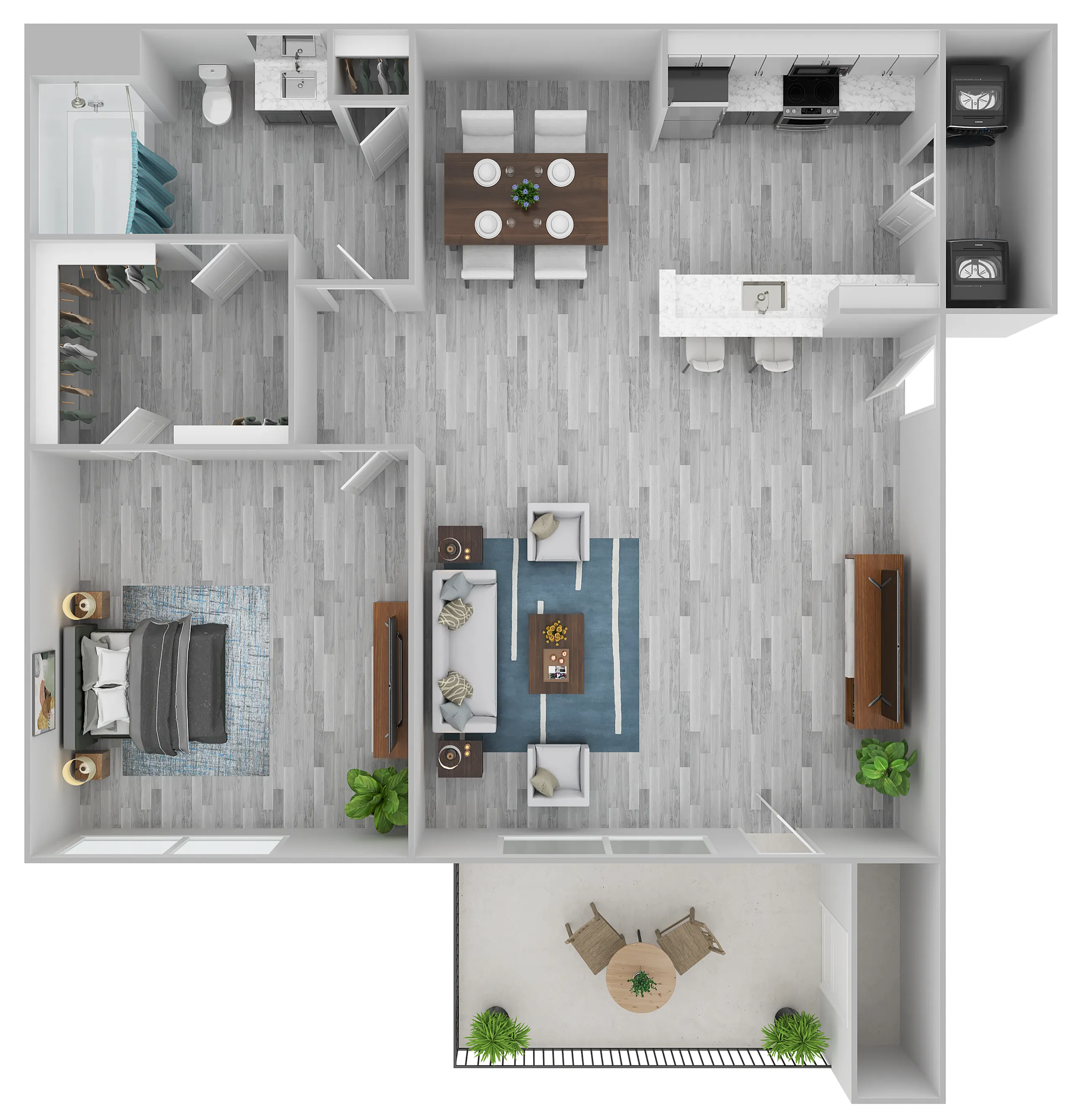 Bright and open floor plan showcasing a spacious one-bedroom layout with stylish living area, modern kitchen, elegant dining space, and a cozy patio.