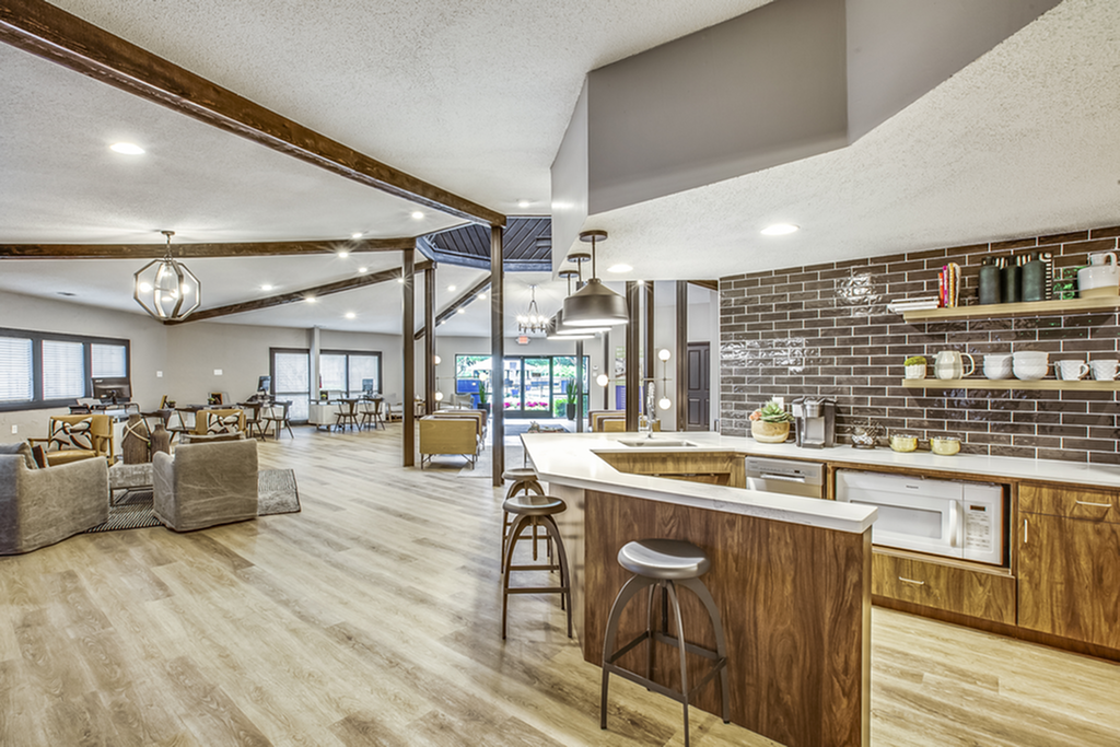 Elegant open-concept apartment interior featuring a modern kitchen with bar seating, spacious living area, and stylish decor.