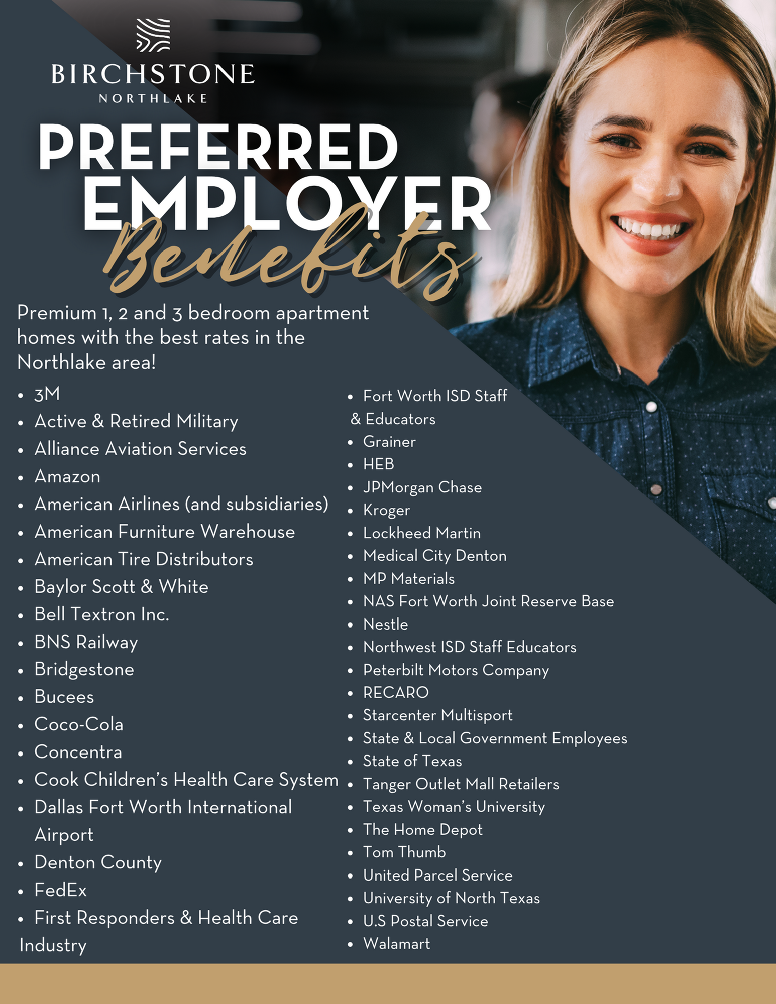 Explore Birchstone Northlake\'s premium 1, 2, and 3 bedroom apartments with exclusive preferred employer benefits, offering the best rates in Northlake. Ideal for employees of top companies including 3M, Amazon, and American Airlines.