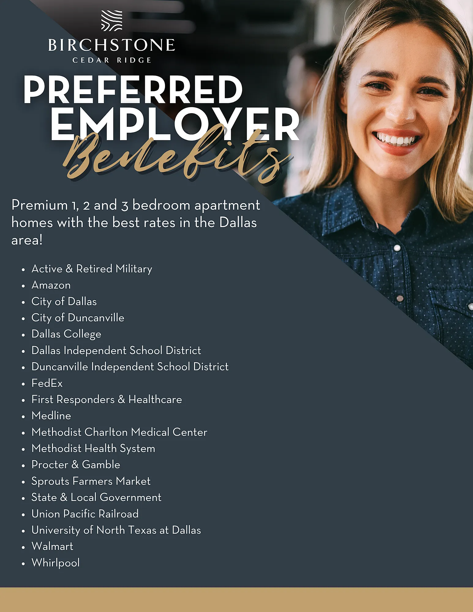 Promotional image for Birchstone Cedar Ridge highlighting preferred employer benefits for premium 1, 2, and 3 bedroom apartments in Dallas with a smiling person adding a welcoming touch.
