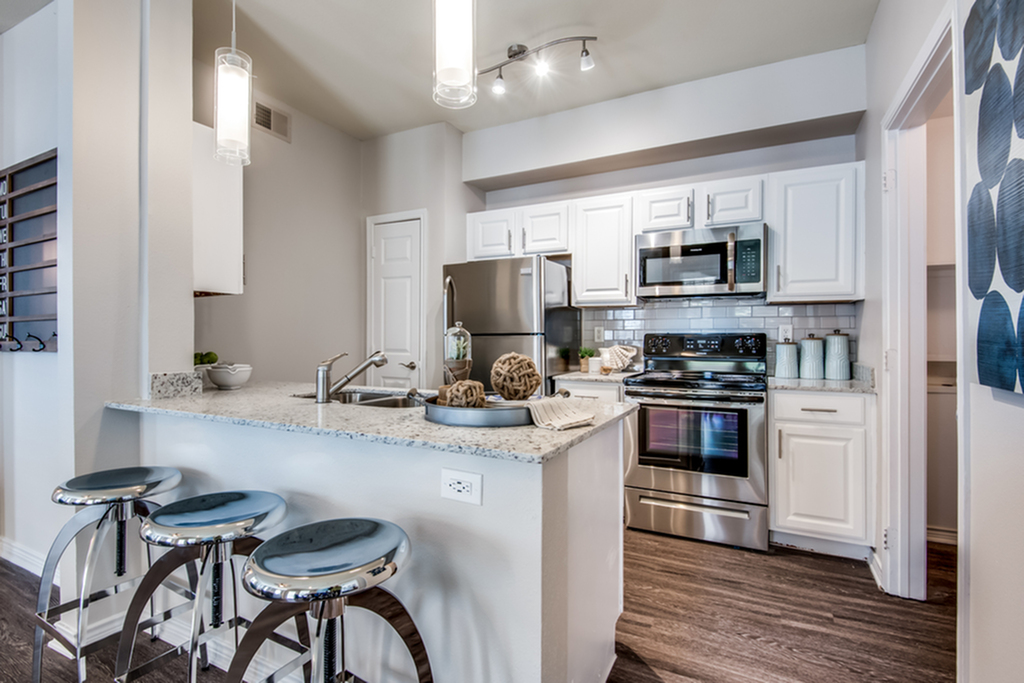 Modern kitchen with sleek stainless steel appliances, granite countertops, and contemporary pendant lighting, creating an inviting atmosphere for culinary creativity.