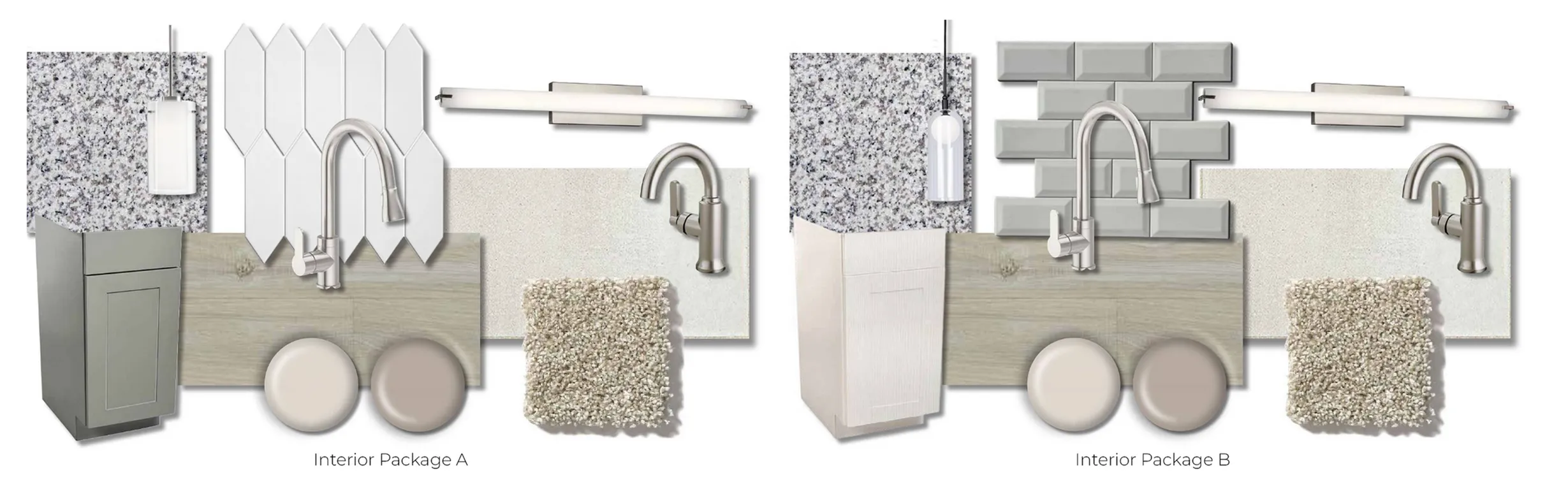 Sleek and modern interior design options featuring granite countertops, stylish cabinetry, hardwood-style flooring, and contemporary lighting in two distinct packages, A and B.