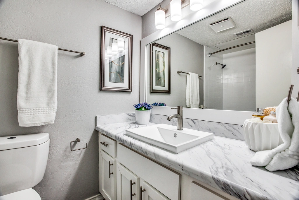 Modern bathroom with a marble-style vanity, rectangular sink, and large mirror with overhead lighting. Features include a toilet, neutral gray walls, framed artwork, a towel bar with white towels, and a white tub and shower reflected in the mirror, accented with simple decor and a small plant.