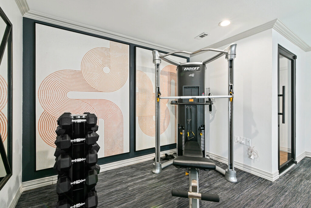 Fitness center with a cable weight machine, adjustable bench, and a rack of dumbbells. The space features modern wall art, mirrors, neutral walls, and dark flooring, creating a clean and functional workout environment.