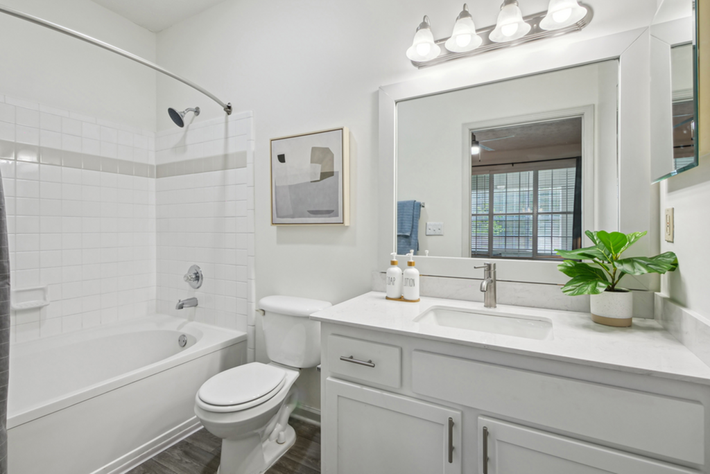 Elegant bathroom featuring a sleek, modern design with a spacious bathtub, large mirror, and stylish vanity, perfect for relaxation.