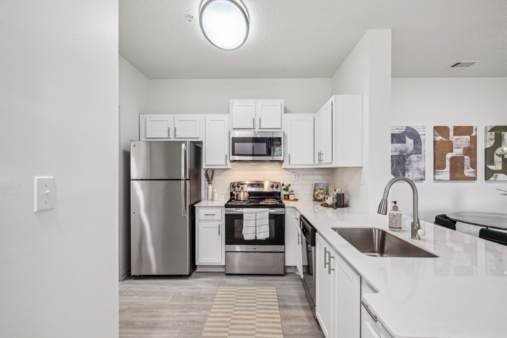 Modern kitchen design with sleek stainless steel appliances, white cabinetry, and elegant countertops, accented by chic wall art.