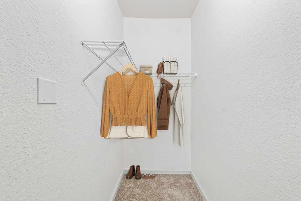 Spacious walk-in closet with organized shelving and ample storage space for clothing and accessories.
