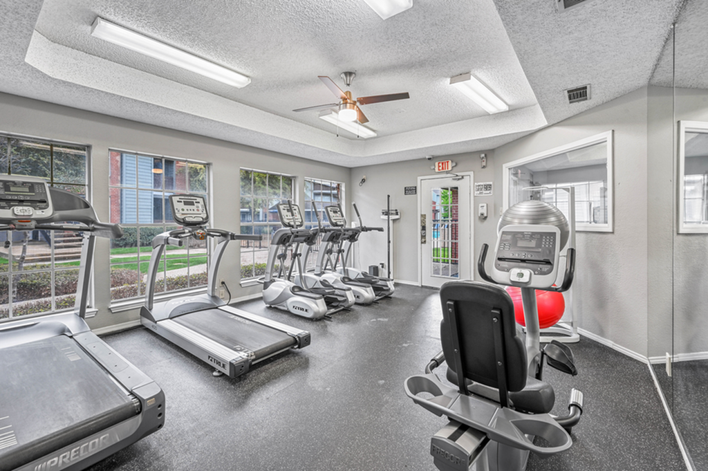 Bright and spacious apartment fitness center with modern cardio equipment, including treadmills and stationary bikes, surrounded by large windows offering scenic outdoor views.