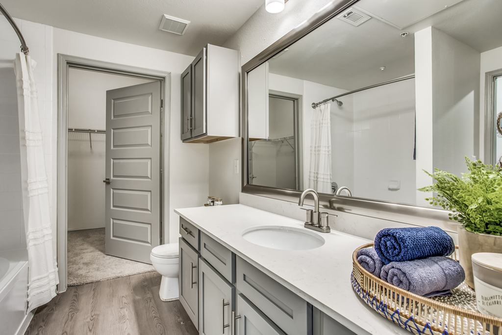 Modern bathroom with elegant vanity, sleek countertop, large mirror, and cozy accents.