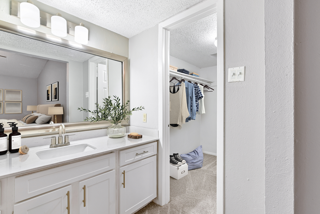 Elegant bathroom with a large mirror, modern vanity, and well-organized walk-in closet showcasing stylish wardrobe.