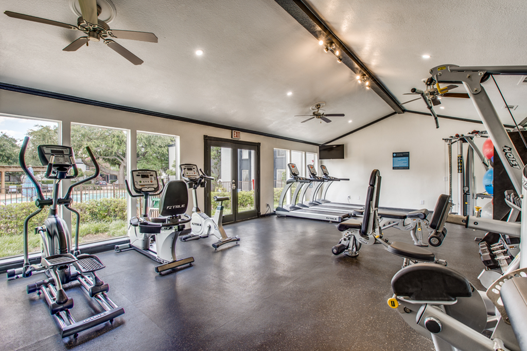 Bright and modern fitness center with state-of-the-art exercise equipment, featuring treadmills, elliptical machines, and strength training stations, set in a spacious and inviting room with large windows.