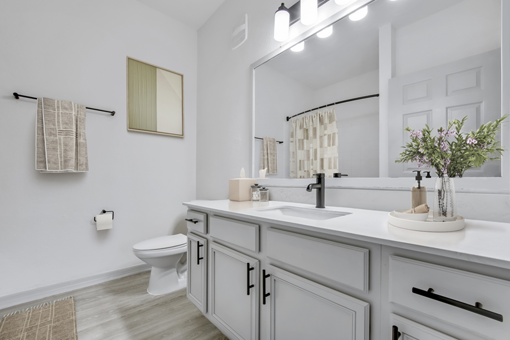 Elegant bathroom with modern fixtures, large mirror, and stylish decor, featuring a spacious vanity and bright lighting.
