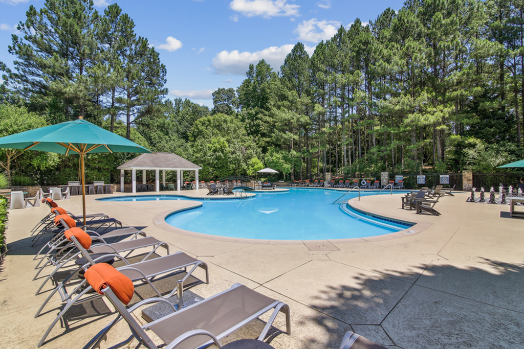 Luxurious outdoor pool area with stylish loungers, surrounded by lush greenery and tranquil forest views.