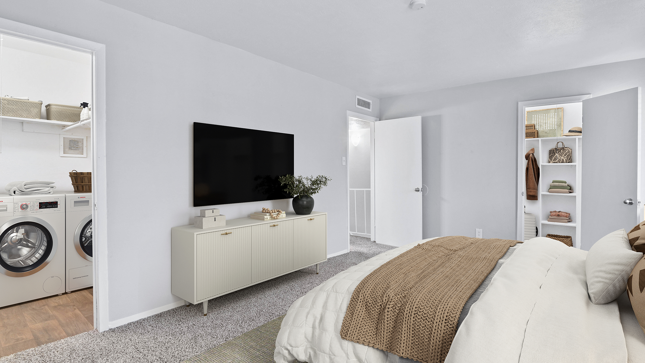 Bed with dresser and TV