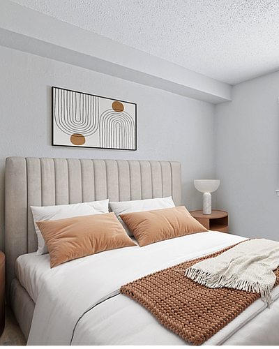 Bed, wall art, and side table