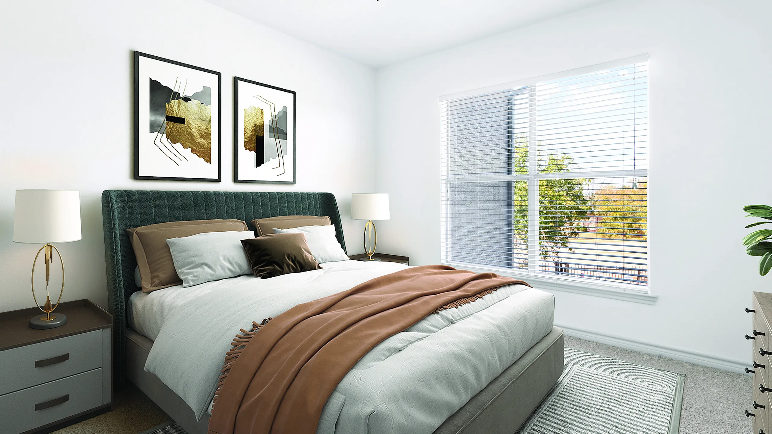Bright and cozy bedroom featuring a plush bed with elegant bedding, modern art, and large window with lush views.