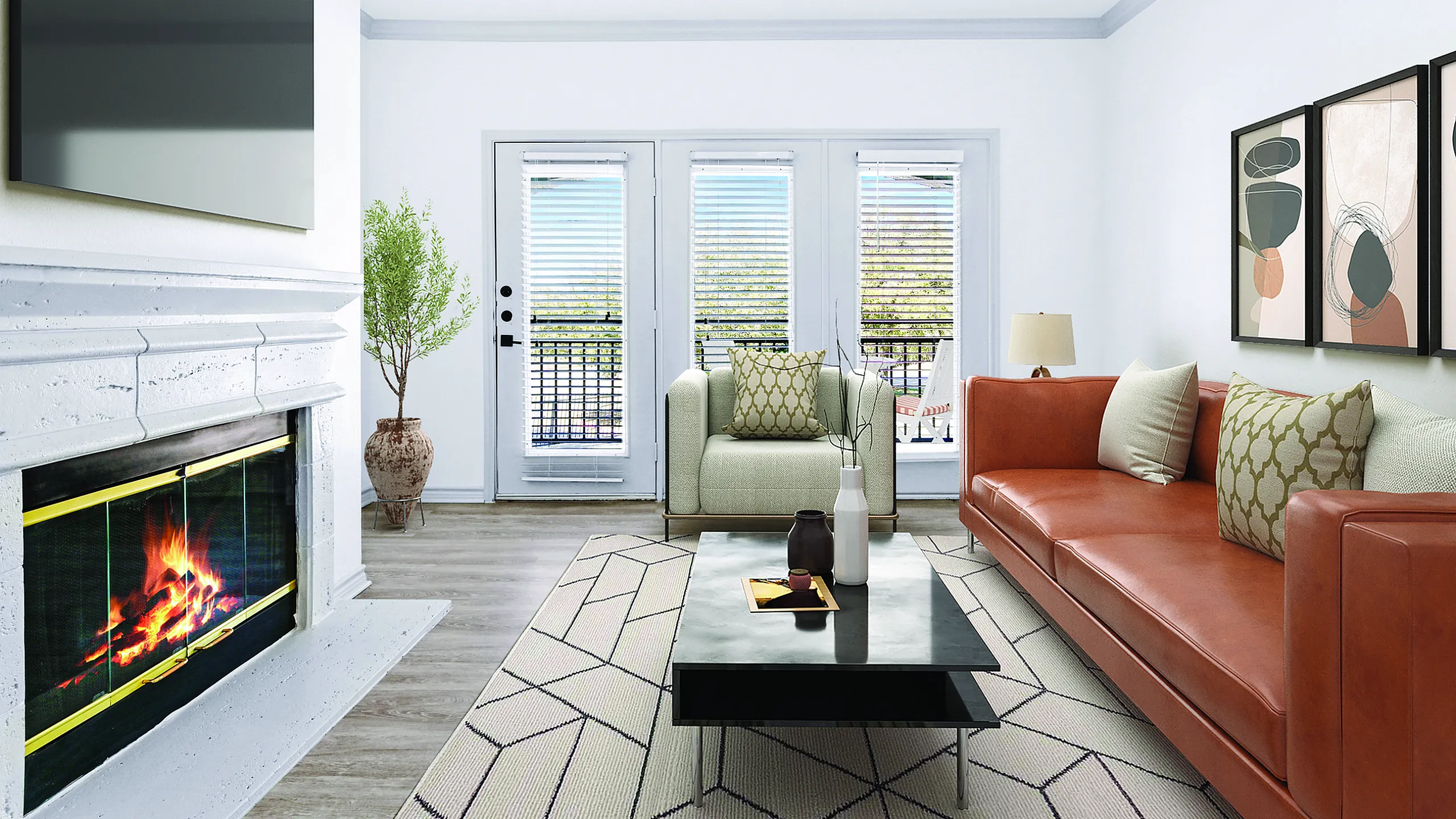 Inviting living room with sleek modern decor, featuring a cozy fireplace, large windows with shutters, and stylish furnishings in warm neutral tones.