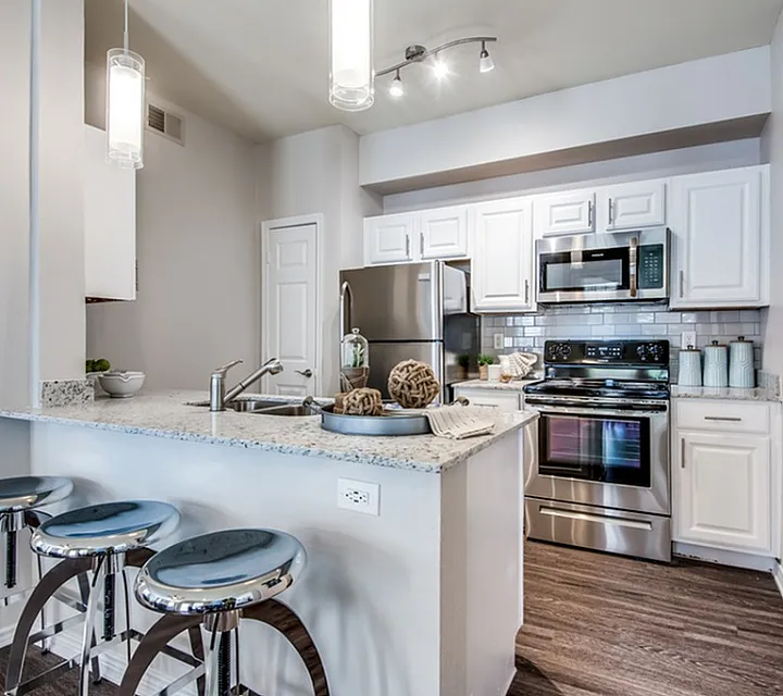 Modern kitchen with stainless steel appliances, granite countertops, and sleek bar seating in a bright, open-concept layout.