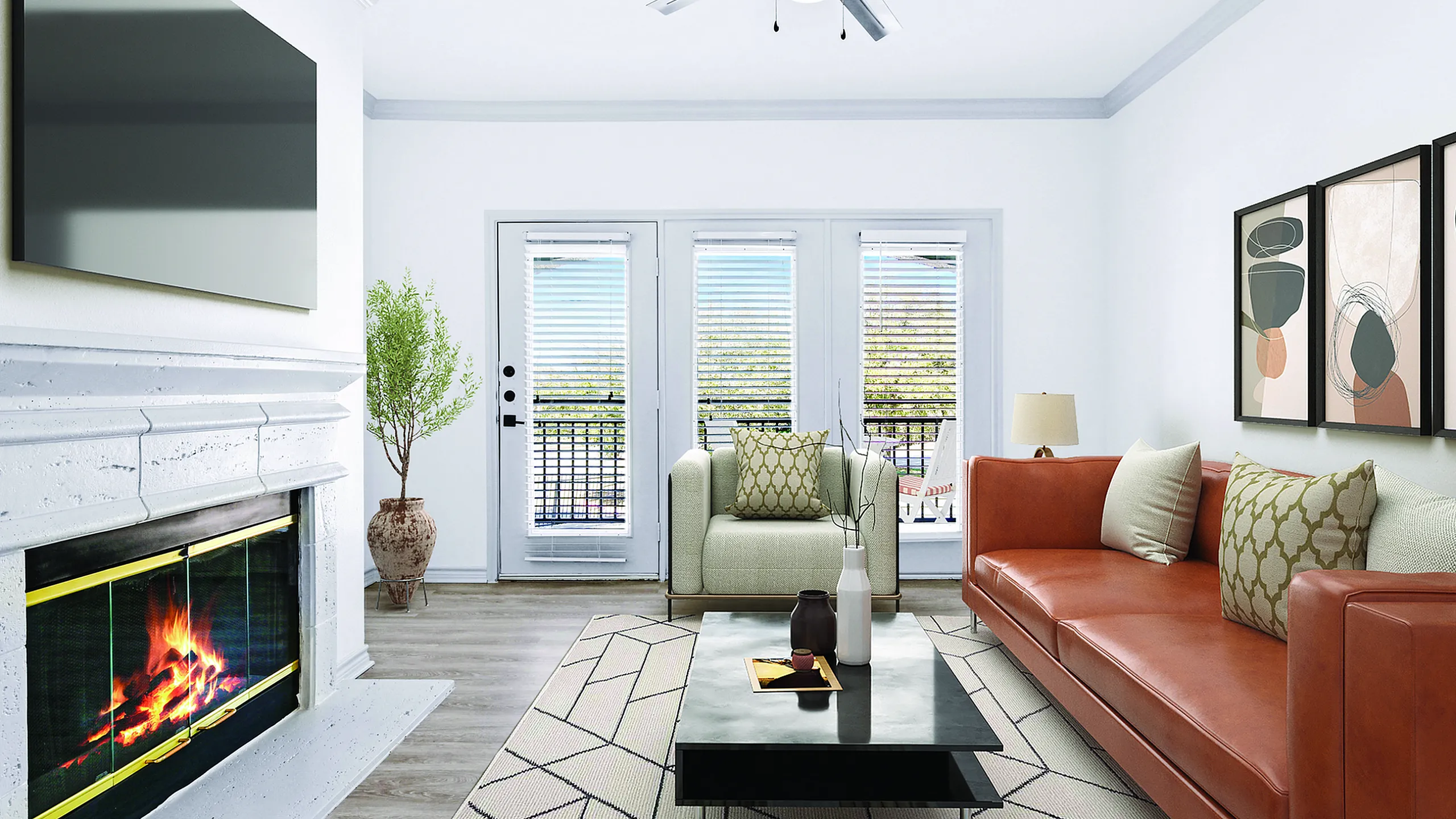 Inviting living room with modern decor, featuring a cozy fireplace, stylish sofas, and natural light streaming through large windows.